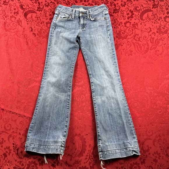 7 For All Mankind Dojo Jeans Women 25x28" Blue Denim Pants Flare Distressed 7FAM - Picture 2 of 14